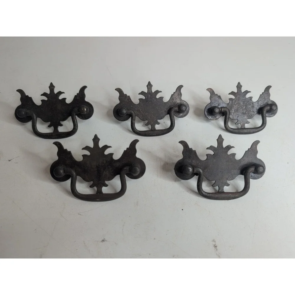 Lot (5) Vtg 3.25 in Dark Bronze Steel Chippendale Drawer Pull Victorian Dresser